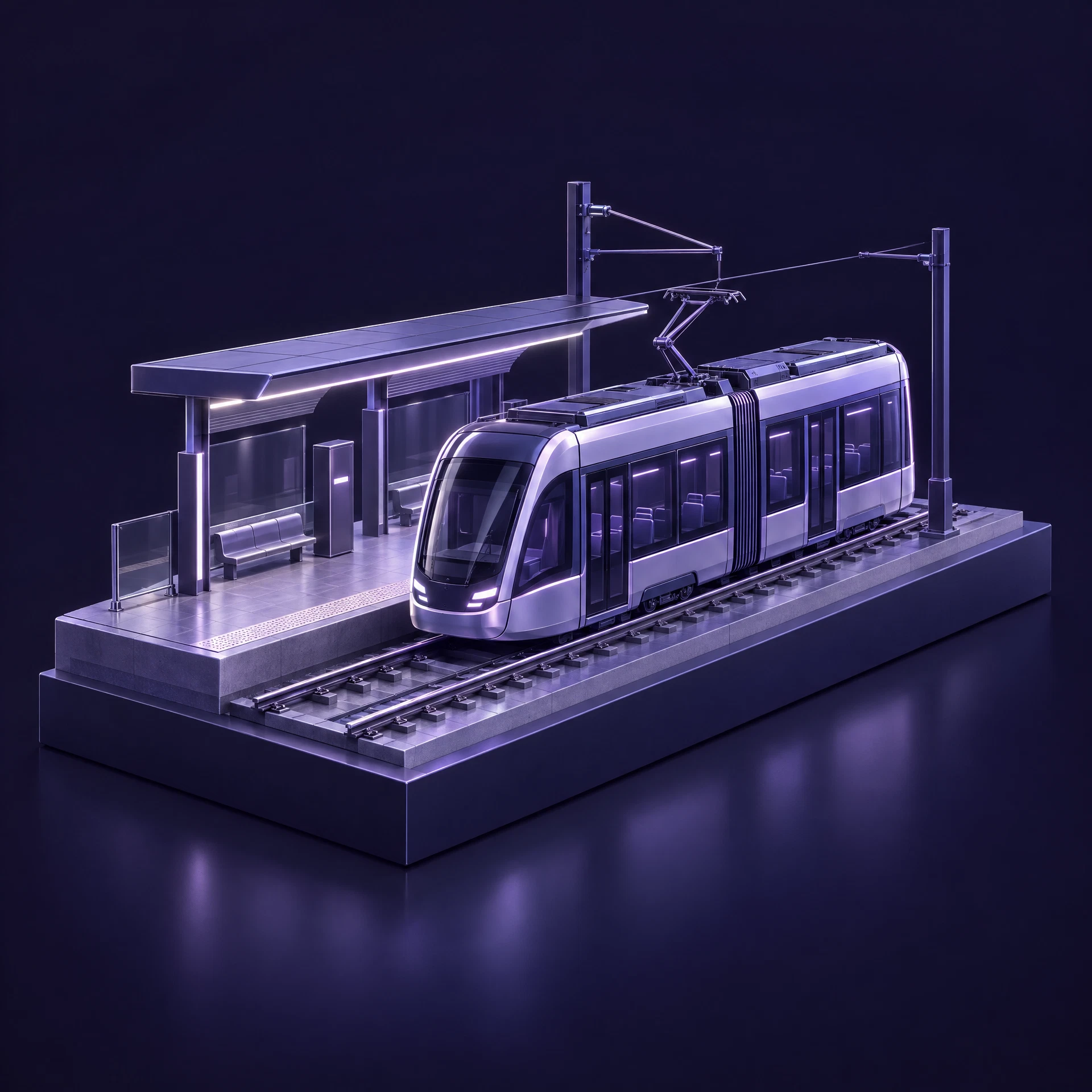 Metro tramvay aracı, raylar, istasyon ve elektrifikasyon altyapısını temsil eden lila 3B konsept model
